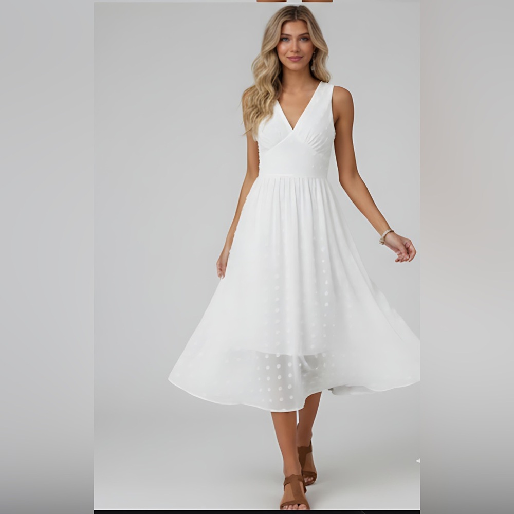 LAST ONE 🔥 White Swiss Dot Ruched Bust Sleeveless A-line Dress - Picture 3 of 6